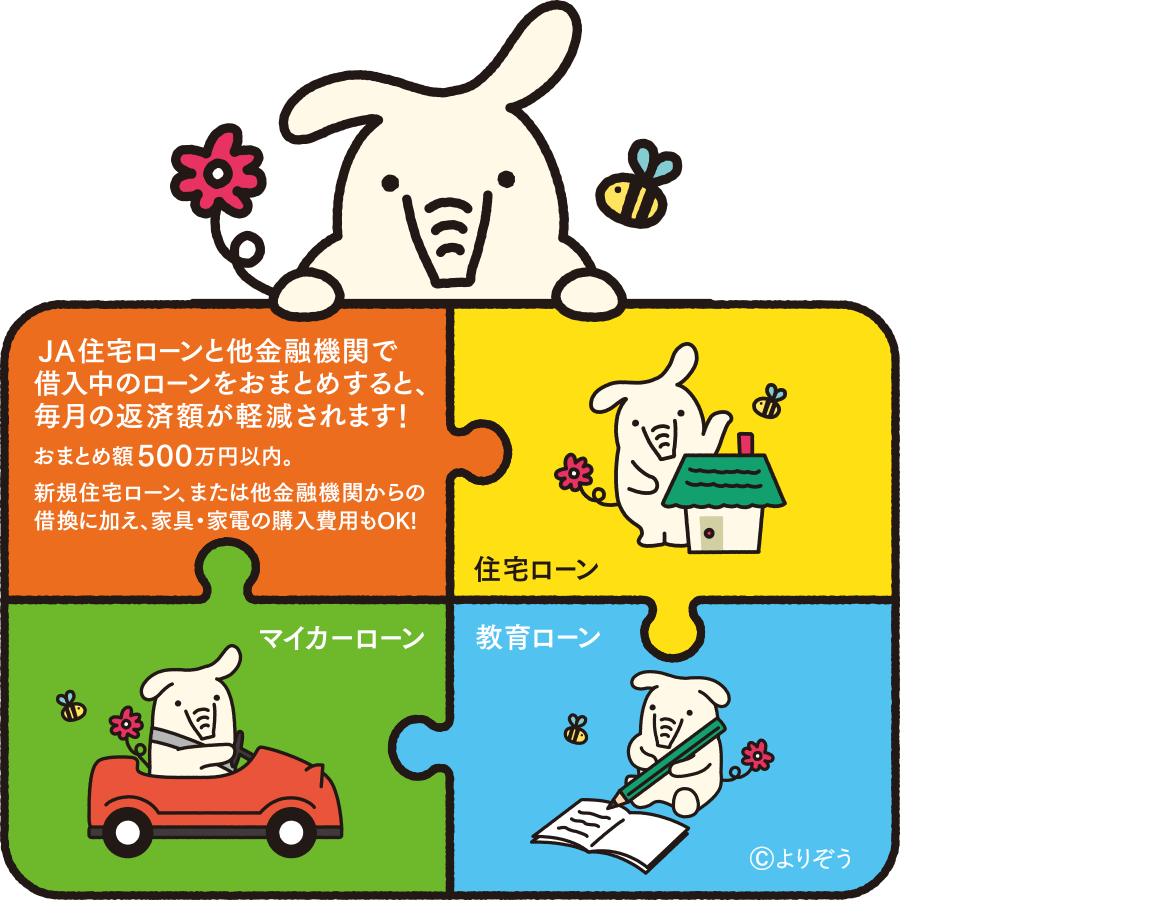 おまとめすれば、おトクだぞう! JA住宅ローンと他金融機関で借入中のローンをおまとめすると、毎月の返済額か軽減されます! 住宅ローン 教育ローン マイカーローン ©︎よりぞう